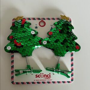 Scunci Festive Green Sequin Tree Hair Clips